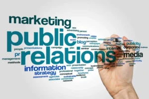 Hand drawing a word cloud centered on public relations, including terms like marketing, media, and contributed articles in B2B tech.