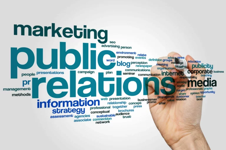 Hand drawing a word cloud centered on public relations, including terms like marketing, media, and contributed articles in B2B tech.
