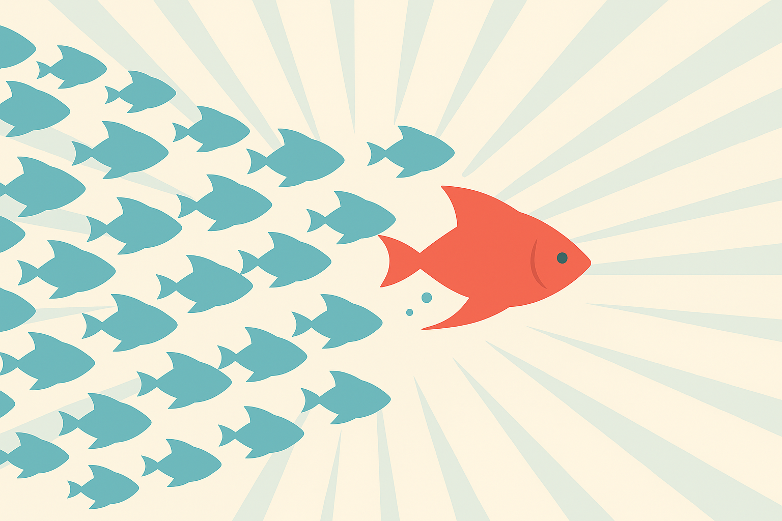 An orange fish leading a school of blue fish, symbolizing how thought leadership drives B2B tech growth by standing out and inspiring followers.