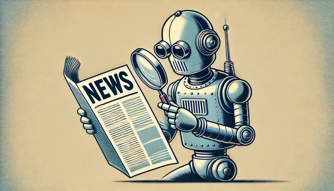Retro robot reading a newspaper labeled "NEWS" through a magnifying glass, representing AI analyzing news content.