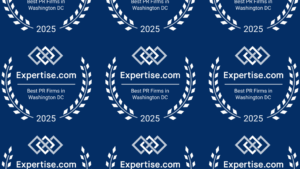 Repeating award badge pattern reading "Expertise.com Best PR Firms in Washington DC 2025" on a blue background.