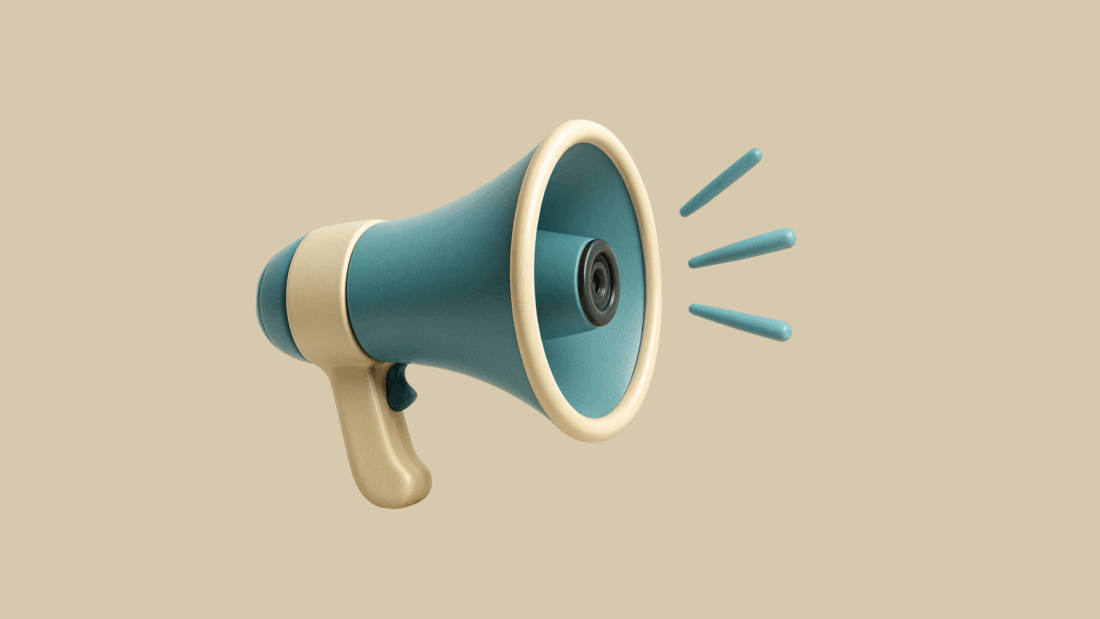 Illustration showing a light blue megaphone representing media coverage of B2B tech companies in major business publications like Forbes, TechCrunch, and WSJ.