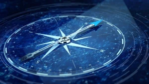 A digital compass overlaid on binary code, symbolizing direction and strategy in thought leadership for B2B tech.
