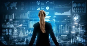Businesswoman analyzing digital dashboards filled with charts and analytics data, representing analyst relations market positioning and strategic business insights.