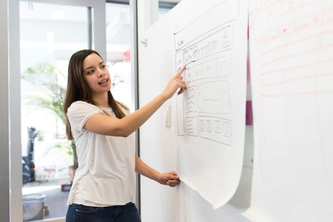 A woman presenting a dashboard sketch on a whiteboard to illustrate PR ROI for B2B tech and how data-driven reporting connects PR activity to measurable business outcomes.