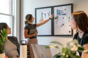 A person points to a wall of design plans while teammates look on during a strategy session about AI visibility and user intent.